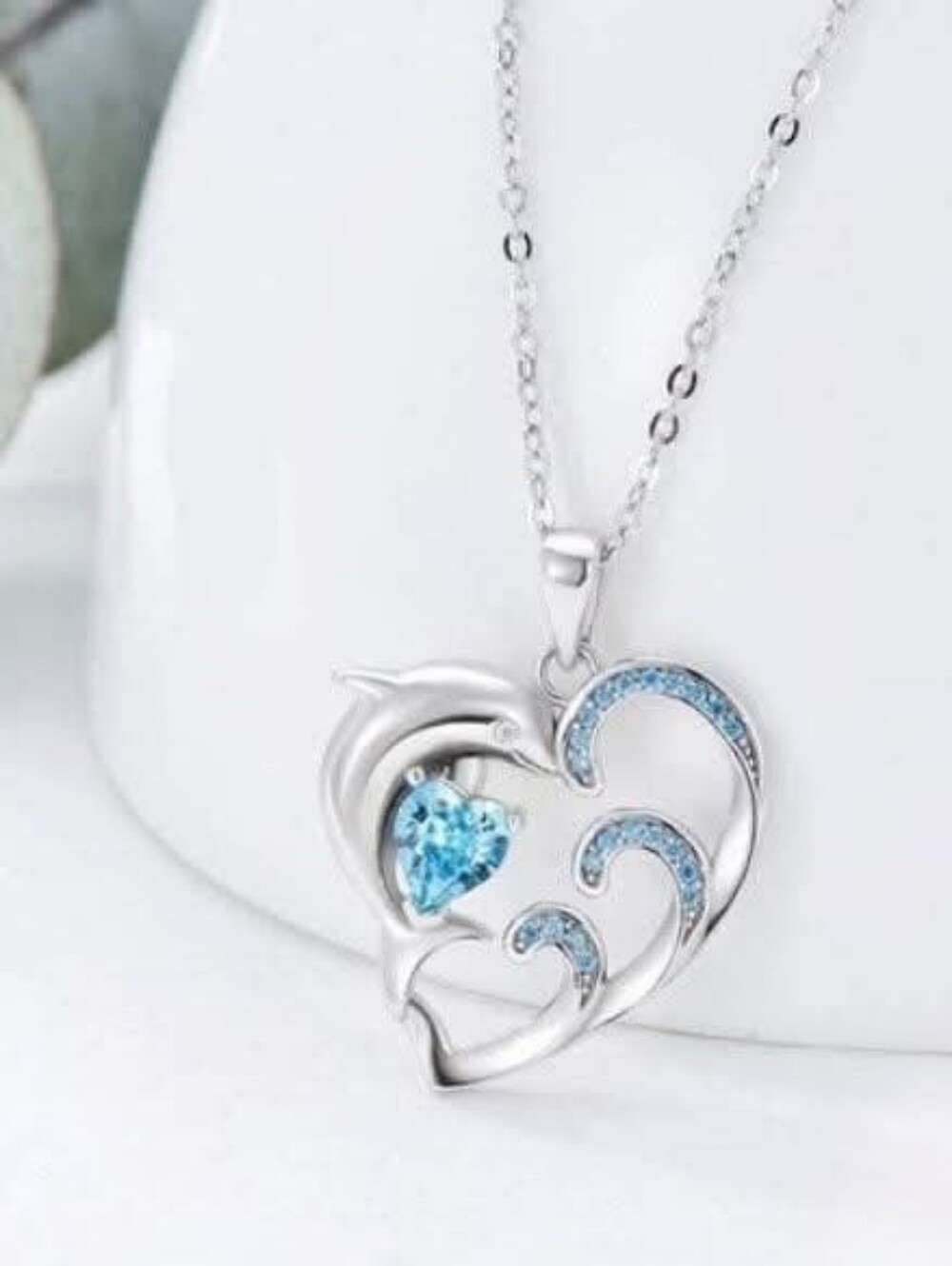 Silver Metal Blue Heart & Dolphin Pendant Necklace Ocean Magic Brand New